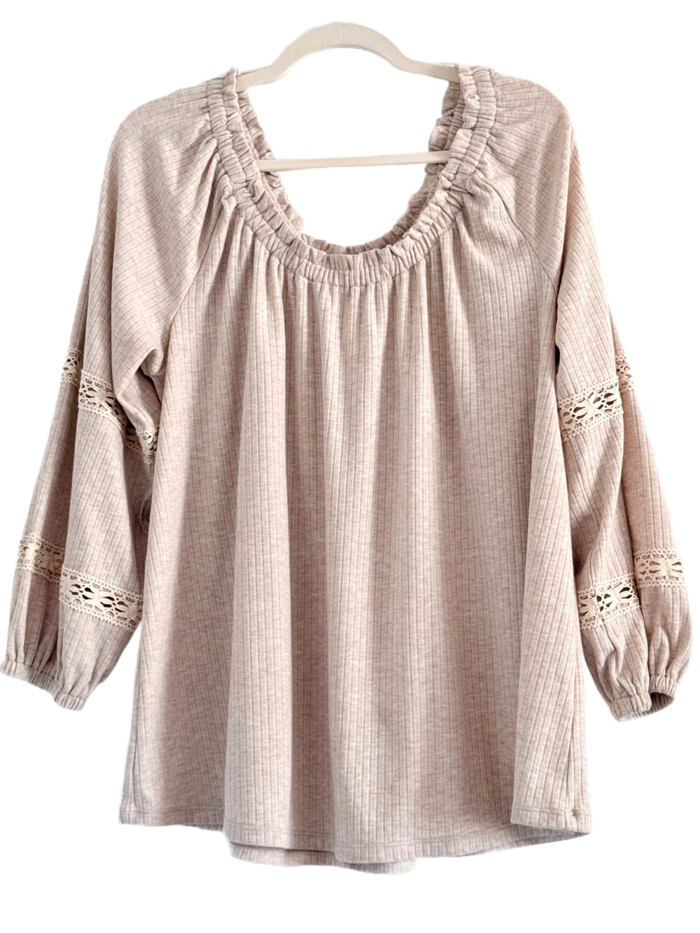 Lane Bryant Oatmeal Heather Ribbed Crochet-Trim Peasant Knit Top 14/16